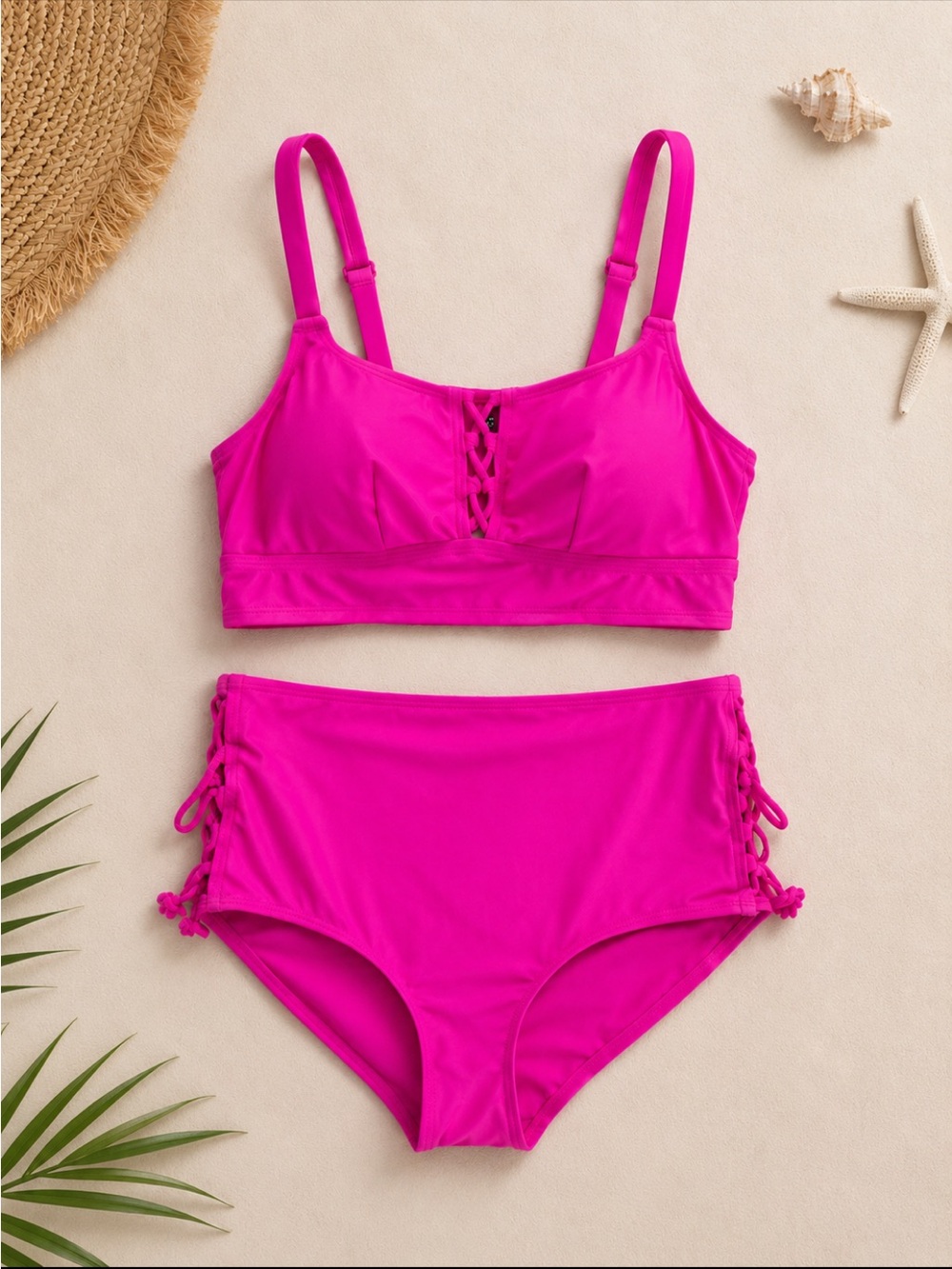 Torrid  2023 High Rise Lace Up Side Bikini Set Woman 2 Pink Glo Full Coverag NEW